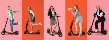 İş kadını kolajı ve arka planda elektrikli scooter kullanan genç adam.