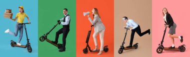Renkli arka planda elektrikli scooter kullanan iş adamları ve kurye
