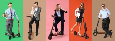 Renkli arka planda elektrikli scooter kullanan bir grup iş adamı