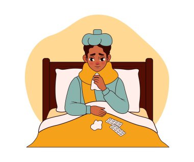 Gripli bir adam beyaz arka planda yatakta oturuyor.