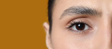 Sarı arka planda kahverengi gözlü kadın, yakın plan. Tasarım için pankart