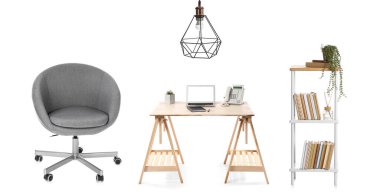 Beyaz arka planda farklı ofis mobilyaları ve tavan lambası seti