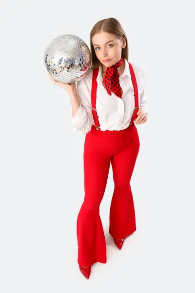 Stylish Young Woman Disco Ball White Background — Stock Photo, Image