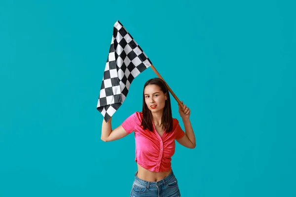Beautiful Young Woman Racing Flag Blue Background — Stock Photo, Image