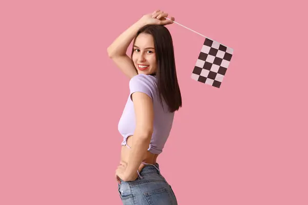Beautiful Young Woman Racing Flag Pink Background — Stock Photo, Image