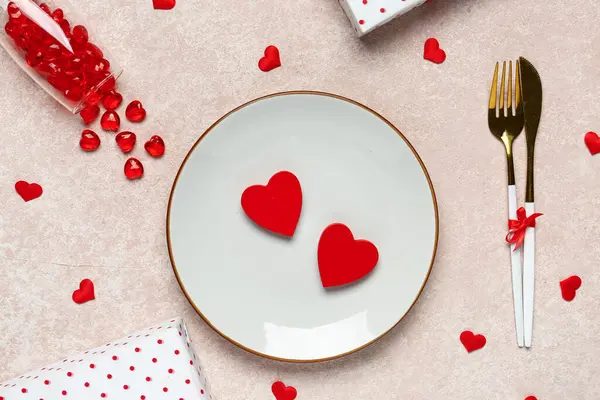 Beautiful Table Setting Valentine Day Red Hearts Beige Grunge Background Stock Image