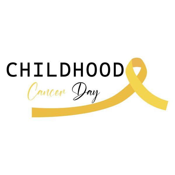 Text CHILDHOOD CANCER DAY and golden ribbon on white background 