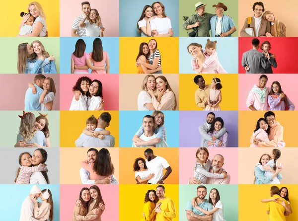 Big collage of hugging people on color background