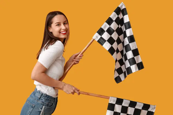 Beautiful Young Woman Racing Flags Yellow Background — Stock Photo, Image