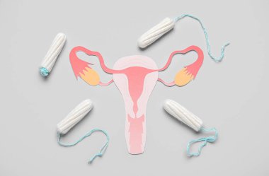 Gri zemin üzerinde kağıt rahim ve tampon olan kompozisyon