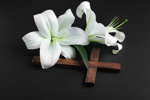 Beautiful Lily Flowers Cross Black Background — Stock Photo, Image