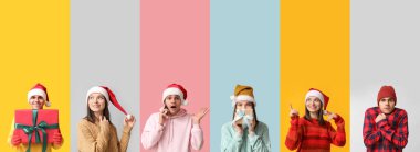 Kışın giyinmiş genç kadın ve erkek kolajı ve renkli arka planda Noel hediyeleri.