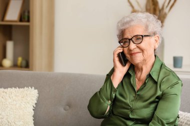 Üst düzey kadın evde cep telefonuyla konuşuyor.