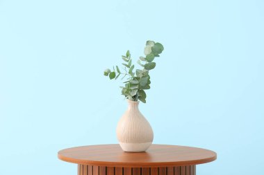 Mavi duvarın yanındaki vazoda okaliptüs dalları olan ahşap sehpa.