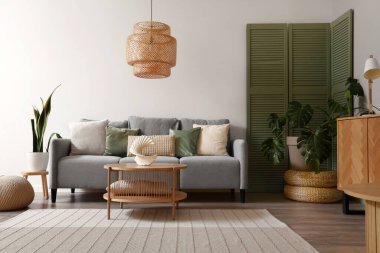 Modern oturma odasının içinde gri kanepe, yeşil katlanmış ekran ve kahve masası.