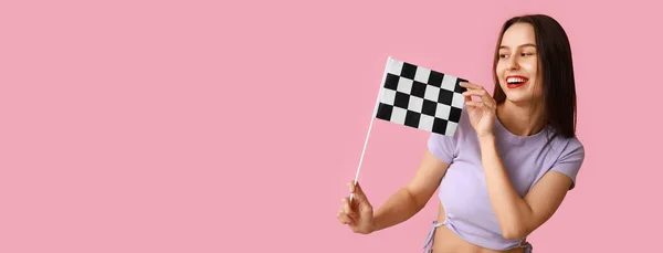 Beautiful Young Woman Racing Flag Pink Background Space Text — Stock Photo, Image