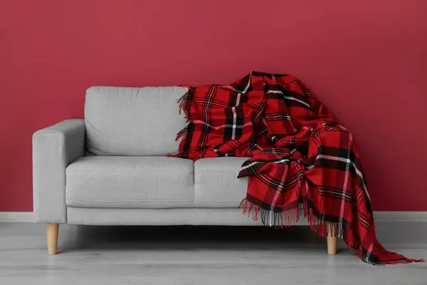 New soft blanket on sofa near burgundy wall in room