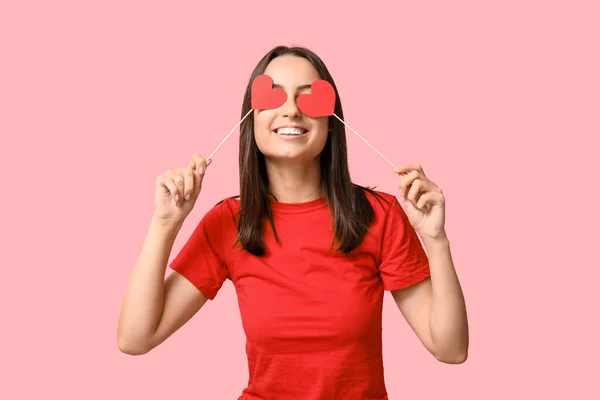 Funny Young Woman Paper Hearts Pink Background — Stock Photo, Image