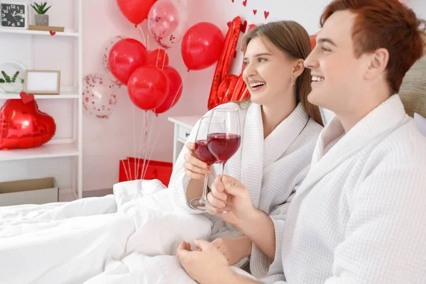 Young Couple Drinking Wine Bedroom Valentine Day — Photo