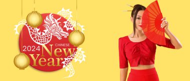 Festive banner for Chinese New Year 2024 with young Asian woman and fan