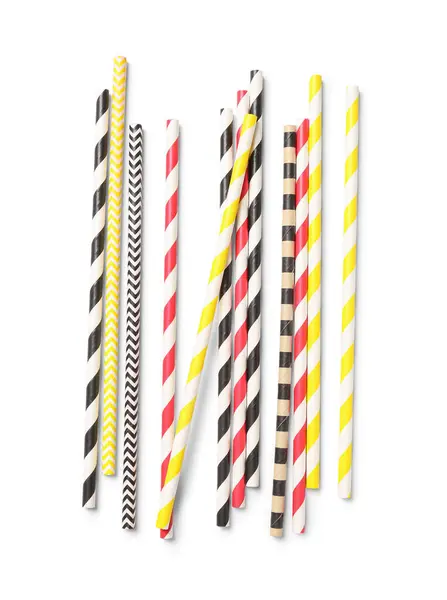 stock image Different paper drinking straws on white background