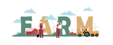 Modern farmers with word FARM on white background