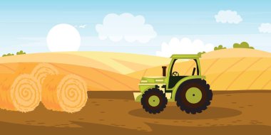 Tractor with stacks of hay in agricultural field
