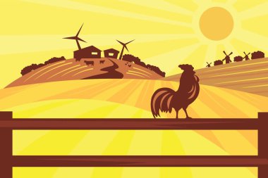 Landscape with rooster on fence in agricultural fields