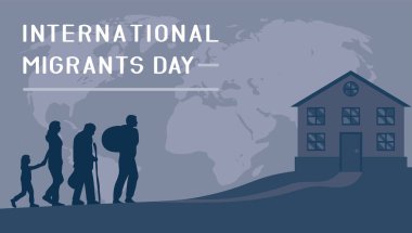 Banner for International Day of Migrants with going family and building