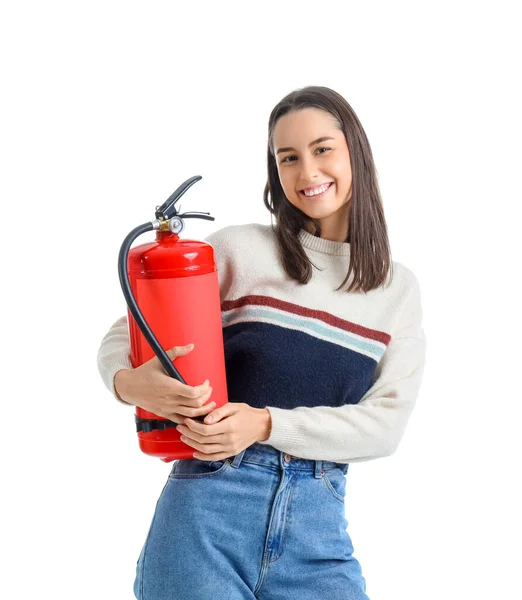 Young Woman Fire Extinguisher White Background — Stock Photo, Image