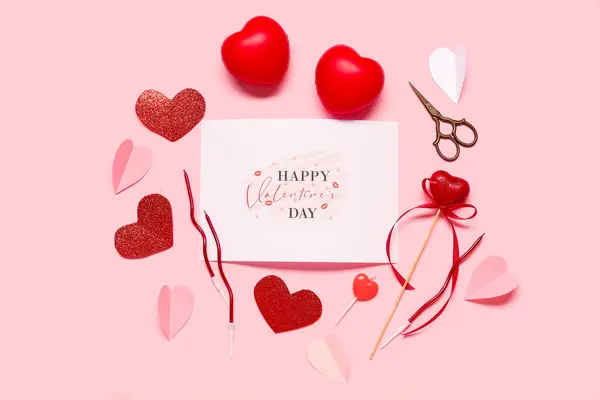 Cartão Com Texto Happy Valentine Day Decoração Forma Coração Tesoura — Fotografia de Stock