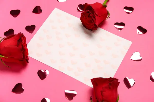 Cartão Vazio Com Corações Rosas Vermelhas Fundo Rosa Dia Dos — Fotografia de Stock