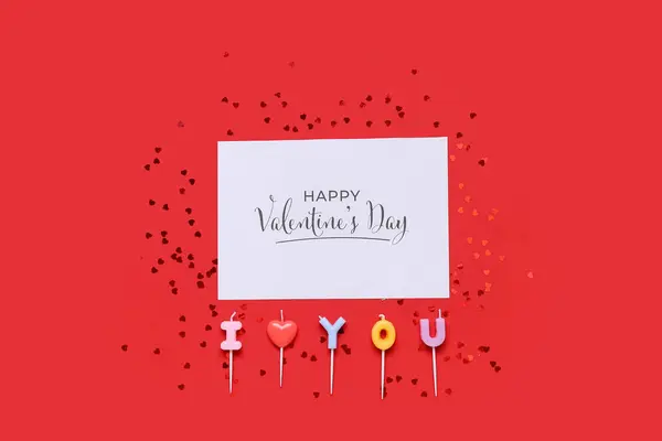 Cartão Com Texto Happy Valentine Day Corações Velas Sobre Fundo — Fotografia de Stock