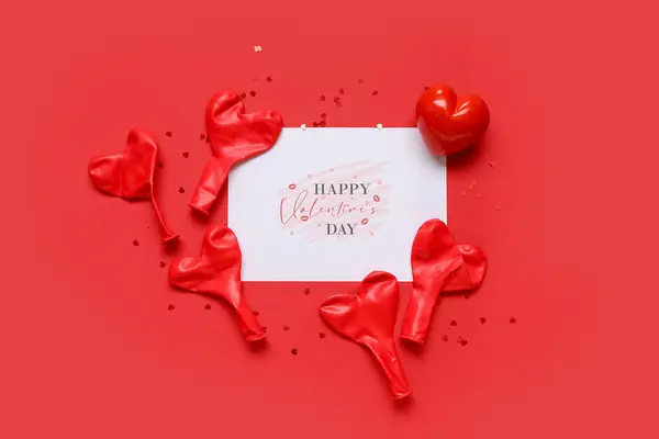 テキスト付きカード バレンタインデー 空の風船 赤い背景に装飾 — ストック写真