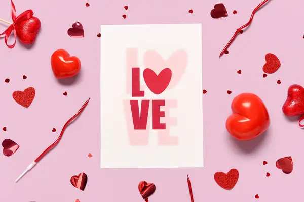 Cartão Com Texto Amor Velas Decoração Forma Coração Sobre Fundo — Fotografia de Stock