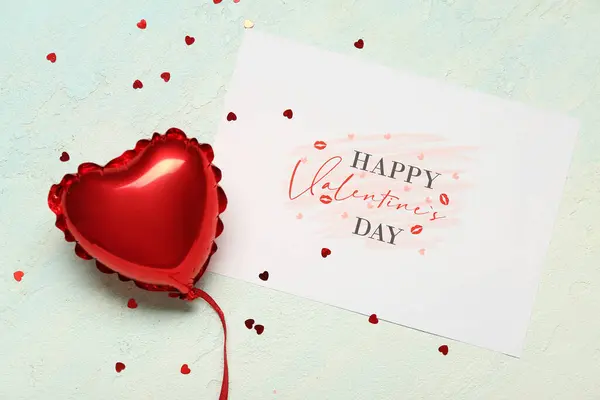 Cartão Com Texto Happy Valentine Day Balão Corações Sobre Fundo — Fotografia de Stock