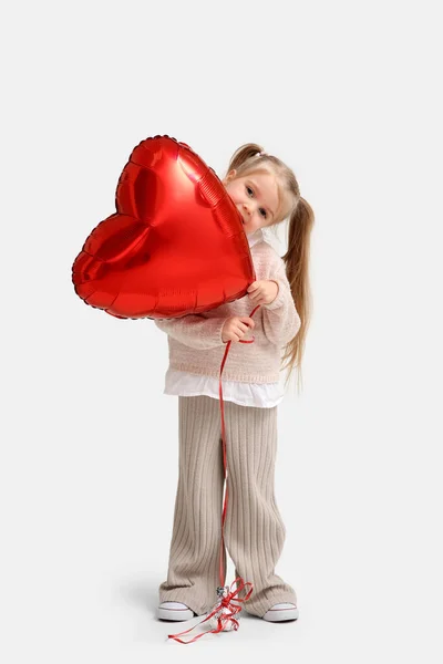 Cute Little Girl Red Heart Shaped Balloon White Background Valentines — Stock Photo, Image
