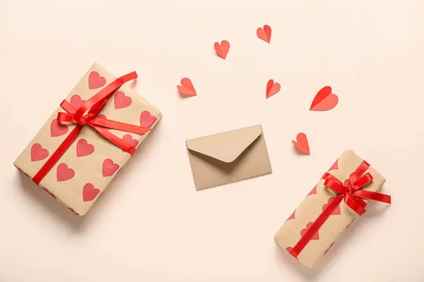 Composition Envelope Gifts Red Paper Hearts Light Background Valentine Day Stock Picture