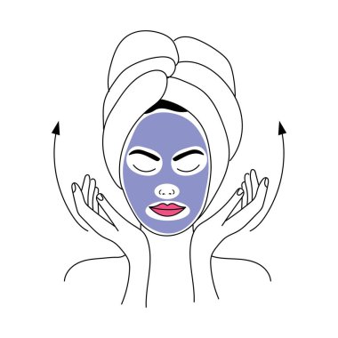 Young woman with cosmetic mask on her face against white background