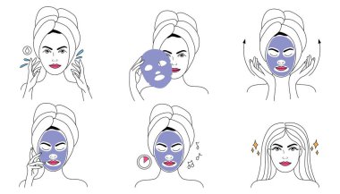 Woman applying facial mask step by step on white background