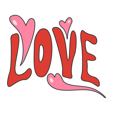 Word LOVE with hearts on white background