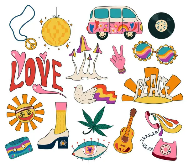 Set Hippie Symbols White Background Ilustracja Stockowa
