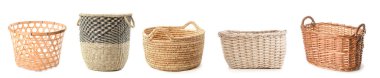 Set of different wicker baskets isolated on white  