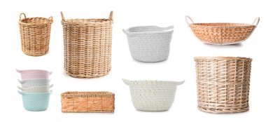 Set of many wicker baskets isolated on white   clipart