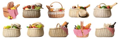 Set of many wicker baskets with tasty food for picnic isolated on white  