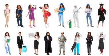 Collection of young African-American woman from different professions on white background