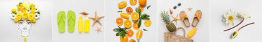 Set of beach accessories with flowers and tropical fruits on light background