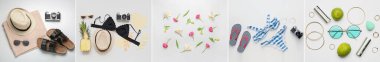 Set of beach accessories with travelling supplies and flowers on light background