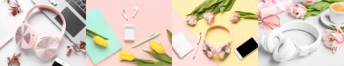 Collage of headphones with modern devices, office stationery and flowers on color background