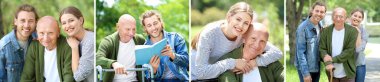 Collage of young relatives with elderly man walking in park